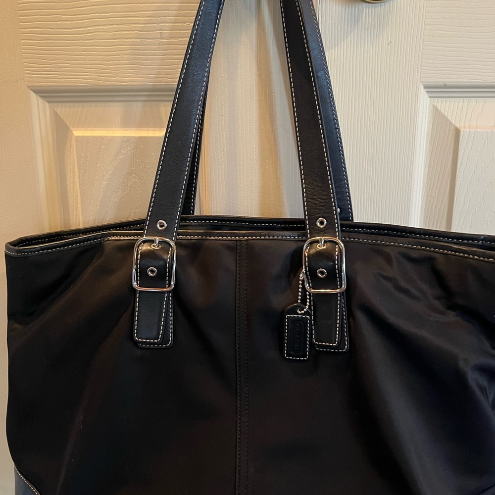 Coach Nylon Black Tote Leather Trim Shoulder Logo Purse Work Travel - Picture 3 of 16